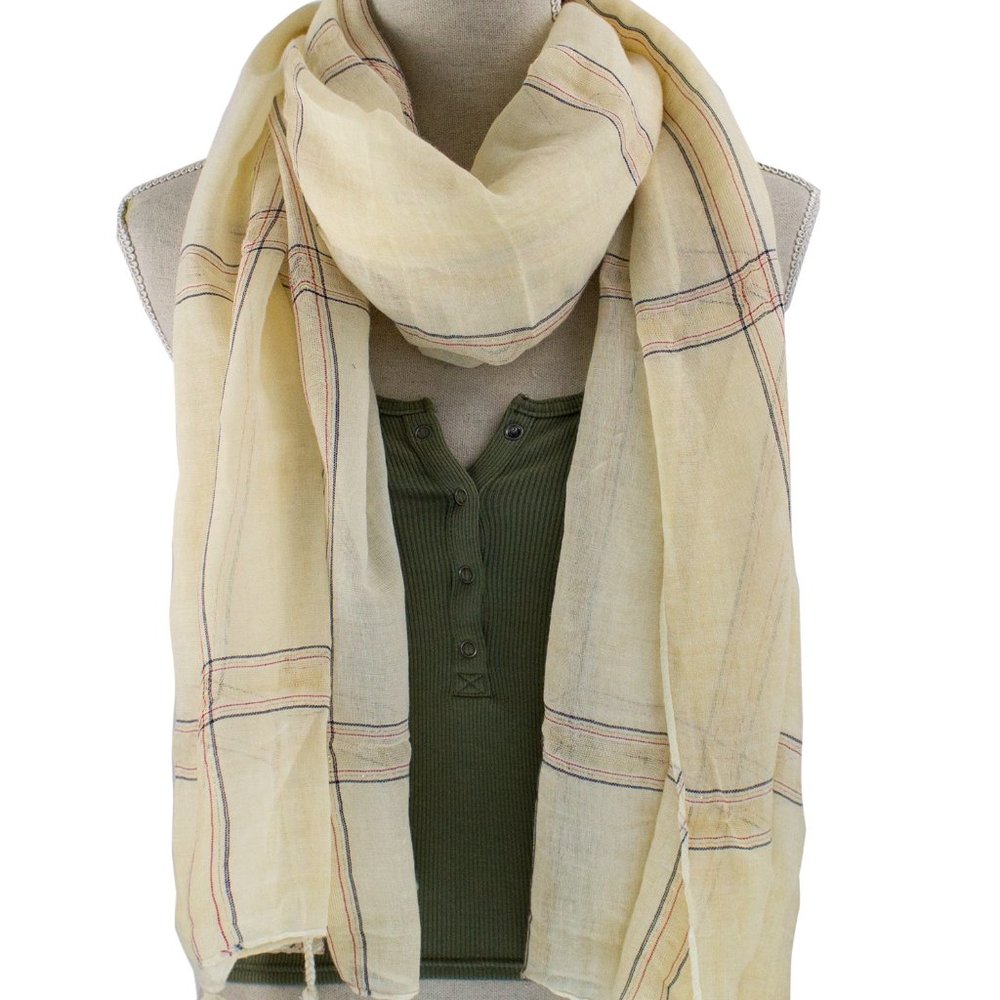 Ivory Garment Dye Striped Cotton Wrap Scarf with Tassels